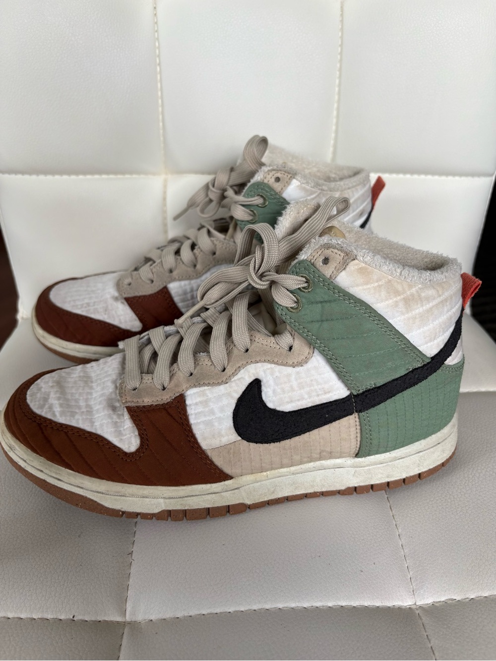 Nike Men’s High-Top Nike Dunk Sneakers in White, Brown & Green